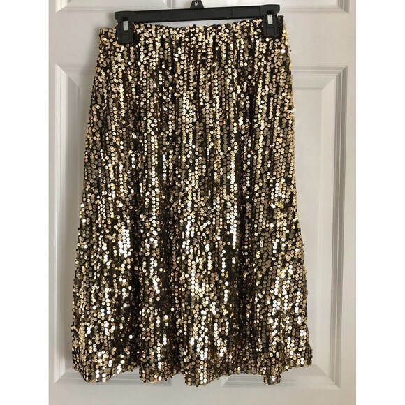 NY Collection Women's Skirt Size Medium Line A Pullover Gold Sequined lined  112 - Picture 2 of 4